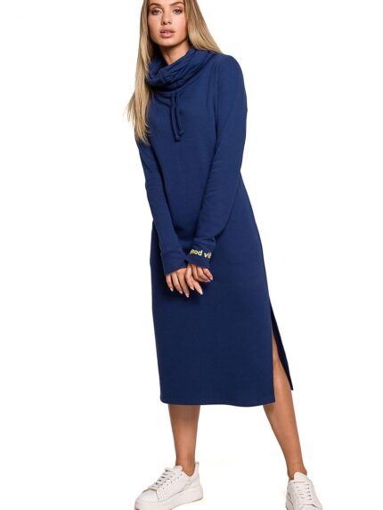 Luxurious Knit Maxi Dress Side Slit High Collar Adjustable Straps Thumbhole Cuffs Pockets (157292)
