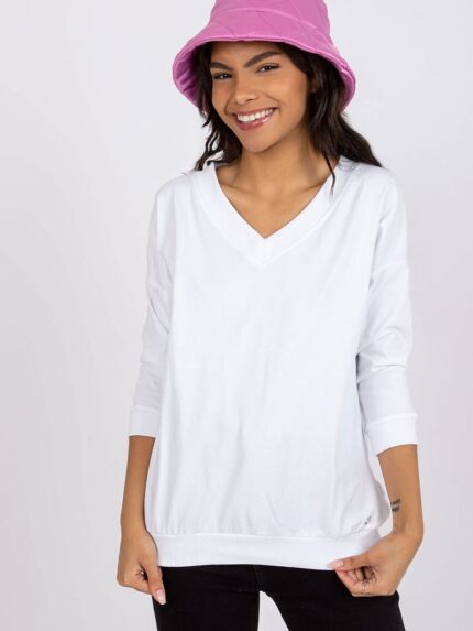 Elegant V Neck Ribbed Cuff 34 Sleeve Blouse (162861)