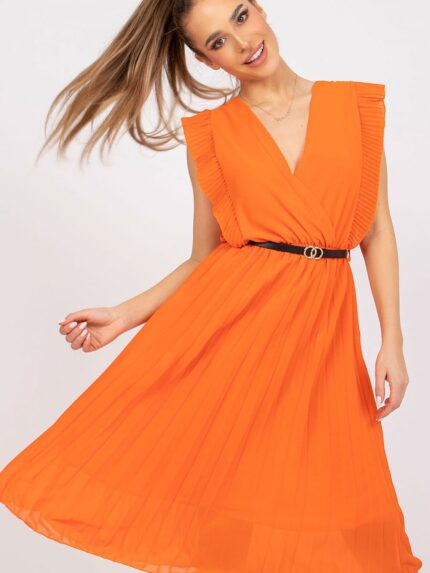 Elegant Pleated Summer Dress Frill Sleeves Elastic Waist Flared Heart Neckline (166283)