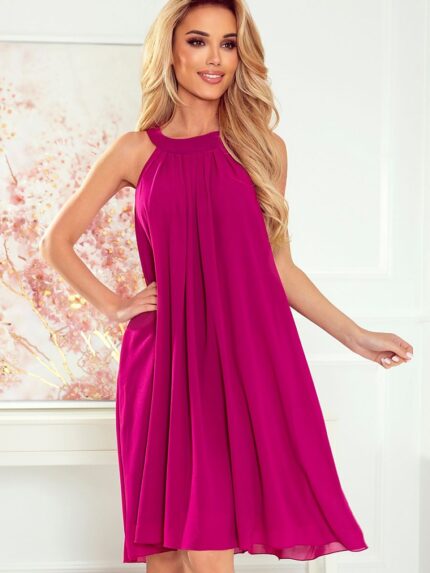 Numoco Fuchsia Chiffon Day Dress Elegant Back Tie Belt Polish Design (167024)