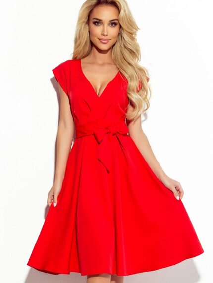 Stunning Red Flared Envelope Neckline Dress with Belt Polish Made Numoco (167025)