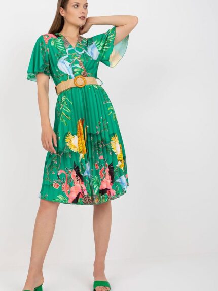 Elegant Summer Flared Dress Short Sleeves Envelope Neckline Braided Belt (167728)