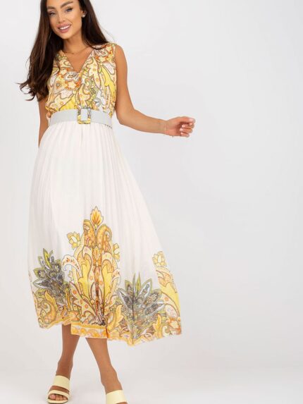 Elegant Summer Flared Sleeveless Dress Pleated Bottom Envelope Neckline Belted (168536)