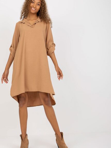 Effortless Chic Long Sleeve V-Neck Loose Fit Day Dress Versatile Style Everyday Wear (168796)