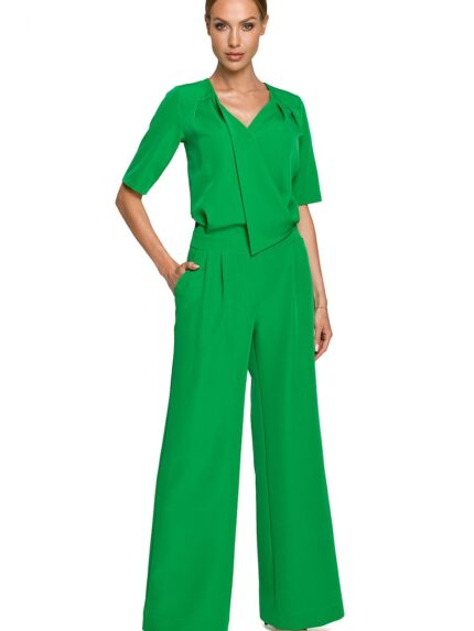 Elegant Wide Leg Trouser Suit Special Occasion Envelope Top Darts Pockets Covered Zipper (169949)