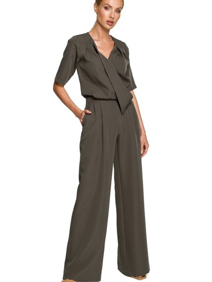 Elegant Wide Leg Trouser Suit Special Occasion Elbow Sleeves Darts Pockets Zipper Closure (169950)