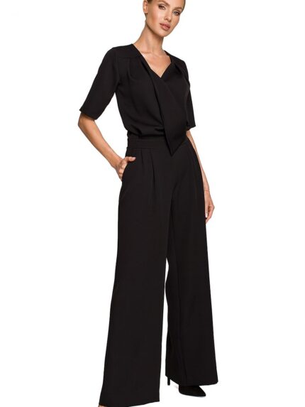 Elegant Wide Leg Envelope Trouser Suit Elbow Sleeves Darts Pockets Hidden Zipper (169952)