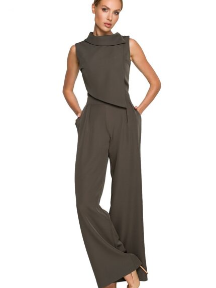 Elegant Wide Leg Jumpsuit Special Occasion Outfit Roll Up Collar Designer Detailing (169954)