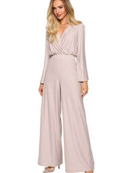 Elegant Brocade Trim Jumpsuit Wide Legs Sleeves Luxurious Drape Comfortable Shimmering Fabric (172384)
