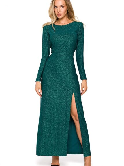 Elegant Brocade Evening Gown Long Sleeves High Leg Slit (172387)