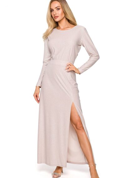 Elegant Brocade Evening Gown Long Sleeves High Slit Straight Skirt (172388)
