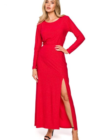 Elegant Long Brocade Evening Gown  Leg Slit Long Sleeves  Refined Fit (172389)