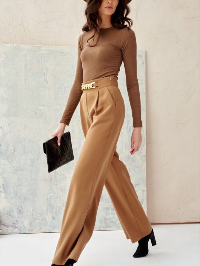 Elegant Polish Wide Leg Trousers High Waisted Breathable Fabric Decorative Chain (172959) lomora.store