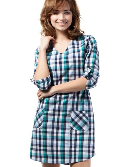 Elegant Plaid Heart Neckline Dress Side Pockets Gold Button Detail 34 Sleeves (42511)