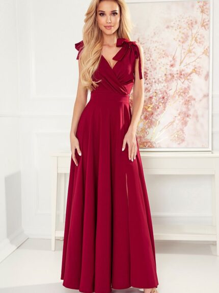 Elegant Burgundy Long Dress Leg Slit Bow Shoulders Soft Fabric Polish Design Numoco (175009)