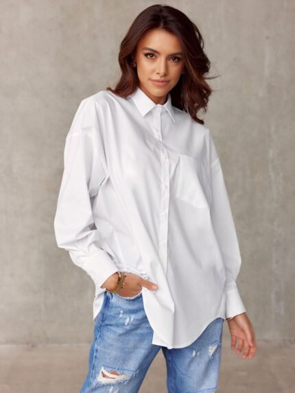 Oversized Asymmetrical Long Sleeve Shirt Luxurious Polish Fabric Elegant Collar Cuffs Button Closure (176692)
