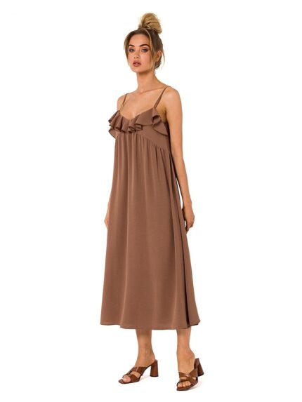 Effortless Chic Loose Midi Dress Flared Ruffle Neckline Zipper Closure Unlined (177545)
