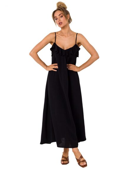 Effortless Chic Loose Midi Dress Flared Ruffle Neckline Unlined Zipper Closure (177546)