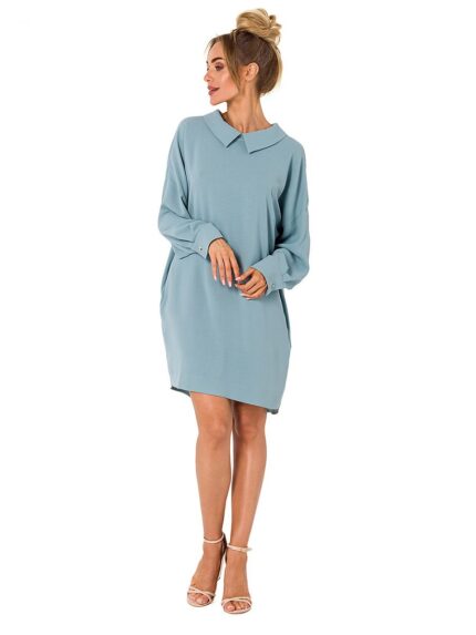 Elegant Long Sleeve Loose Fit Chain Detail Back Neckline Dress (177560)