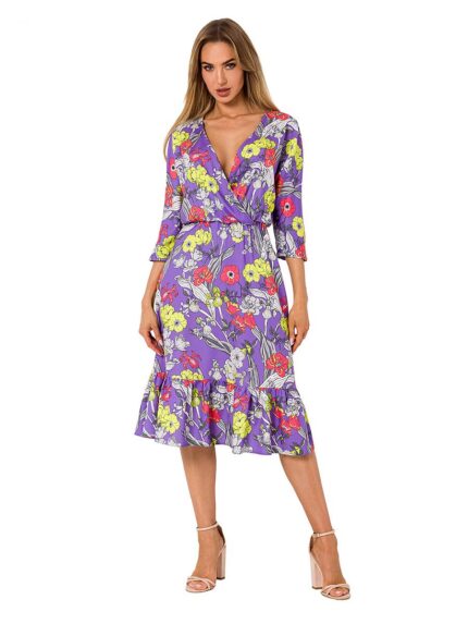 Effortless Chic Summer Midi Dress Ruffle Envelope Neckline 34 Sleeves Elastic Waist (177562)