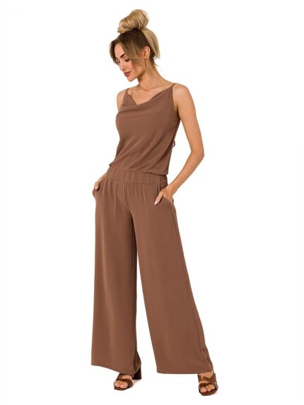 Elegant Draped Neckline Pantsuit Elastic Waistband Side Pockets (177567)