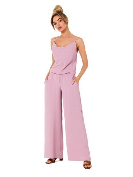 Elegant Draped Neckline Pantsuit Elastic Waist Side Pockets Back Tie Straps (177569)
