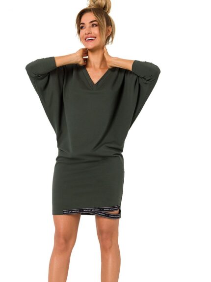 Elegant Kimono Sleeve V Neck Daydress Logo Piping Detail Pullover (177593)