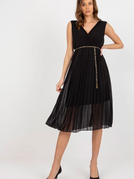 Elegant Short Sleeve Pleated Cocktail Dress Black Belt Waist Detail Perfect For Any Occasion (178501)