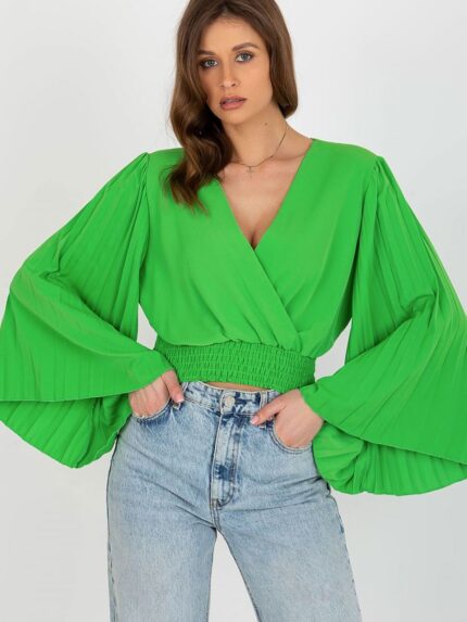 Elegant Pleated Wide Sleeve Envelope Neckline Blouse Italy Moda (179005)