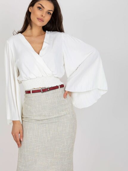 Elegant Pleated Wide Sleeve Envelope Neckline Blouse Italy Moda (179008)