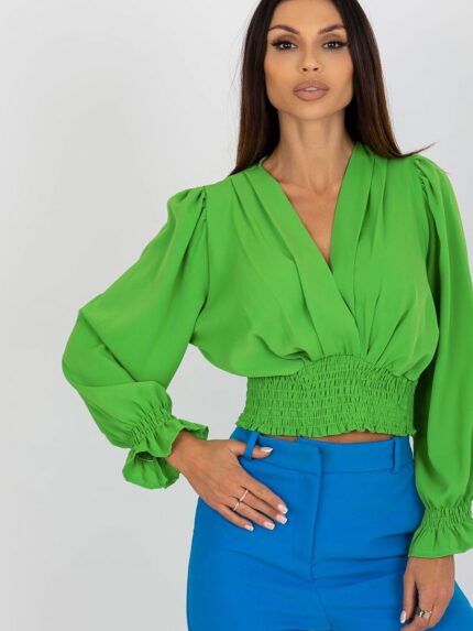 Elegant Long Sleeve Envelope Neckline Blouse with Wide Elastic Hem (179690)
