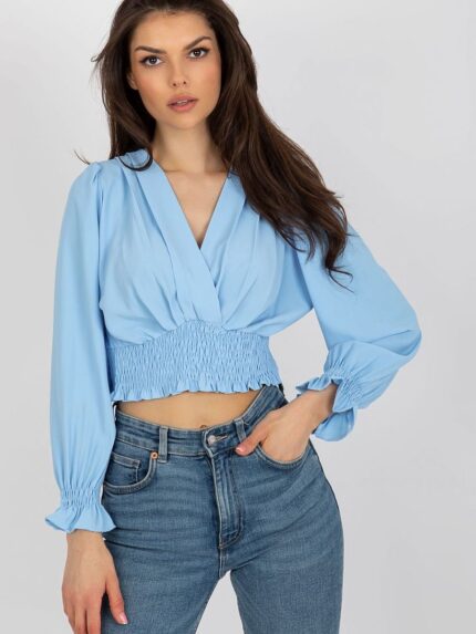 Elegant Long Sleeve Envelope Neck Blouse with Elastic Waistband Italy Moda (179692)