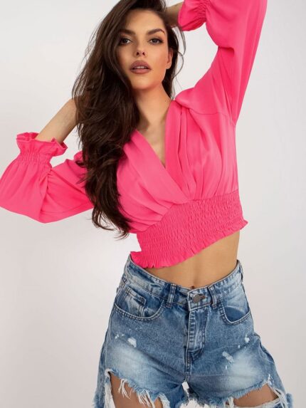Elegant Long Sleeve Envelope Neckline Blouse with Wide Elastic Hem (179693)