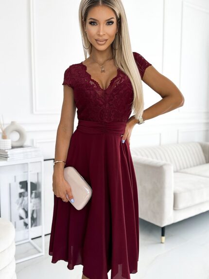Luxurious Maroon Chiffon Evening Dress Lace Neckline Back Cutout Polish Design Numoco (181127)