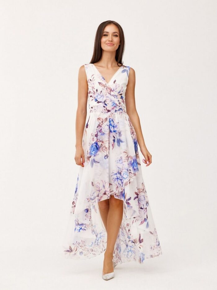 Stunning Chiffon Maxi Dress Asymmetrical Floral Print Polish Made (182426) lomora.store