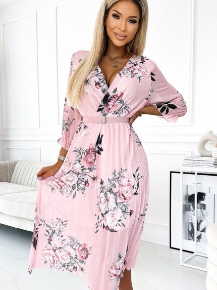 Elegant Pink Rose Chiffon Midi Dress European Design Numoco (182493)