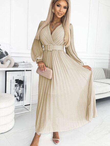 Elegant Beige Chiffon Cocktail Dress Long Sleeves Pleated Neckline and Waist (182504)