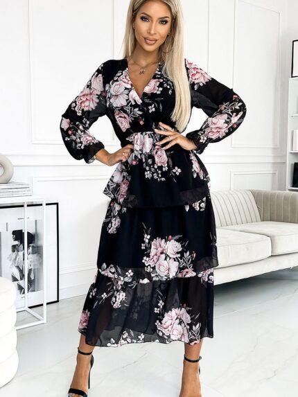 Elegant Black Rose Chiffon Midi Dress Ruffled Envelope Neckline European Design (182506)