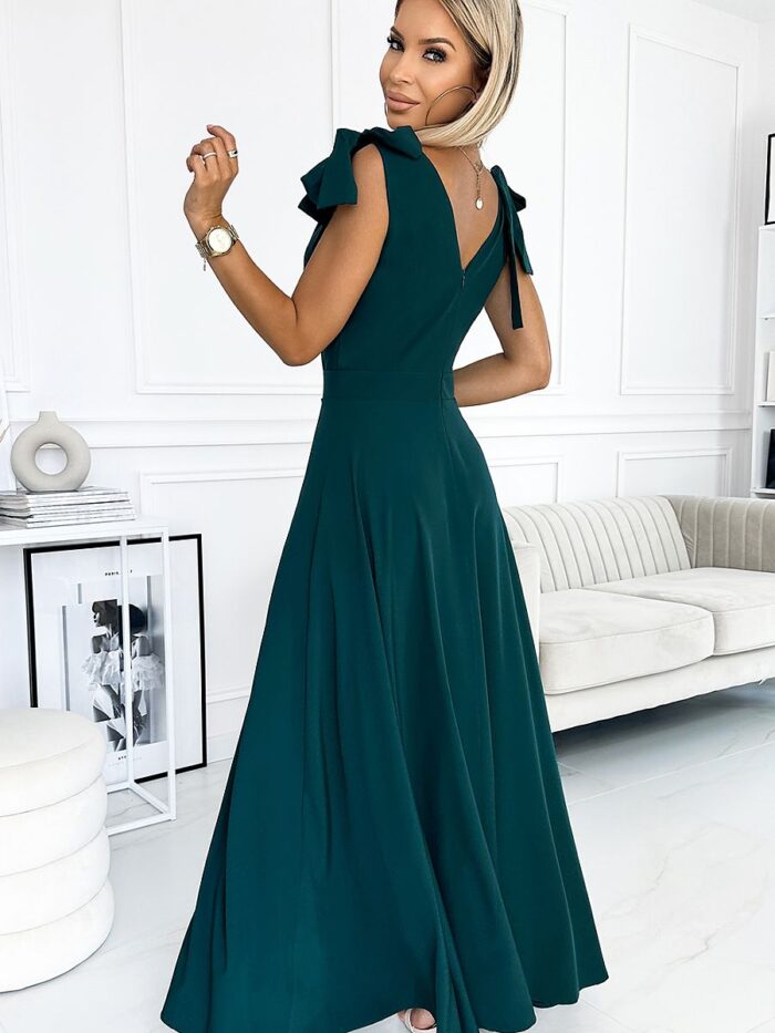 Elegant Bottle Green Maxi Dress with Slit and Bow Detail Polish Design Numoco (182530) - Image 2