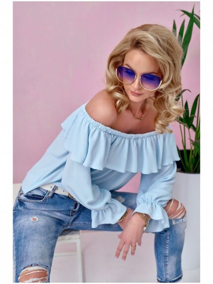 Elegant Spanish Ruffle Blouse Soft Comfortable Wide Sleeves Open Shoulders Made in Poland (182659)