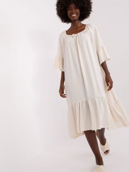 Effortless Chic Summer Loose Fit Dress Frilled Sleeves Round Neckline (183107)