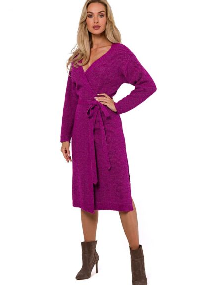Luxurious Polish Knit Sweater Dress Long Sleeves Envelope Neck Tie Waist (184680)