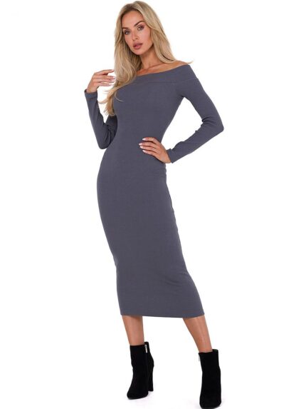 Elegant Polish Ribbed Knit Long Sleeve Fitted Day Dress (184732)