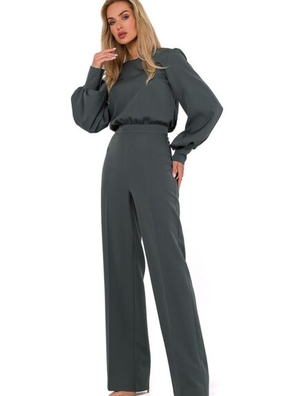 Elegant Polish Made Wide Leg Jumpsuit Long Buff Sleeves Round Neckline (184740)