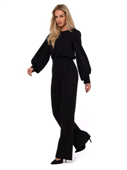 Elegant Polish Made Wide Leg Jumpsuit Long Puff Sleeves Round Neck (184742)