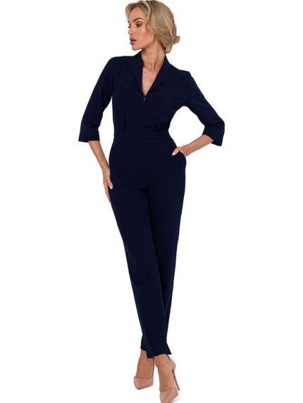 Elegant Polish-Made Jumpsuit 34 Sleeves Lined Collar Zipper Detailing Narrow Legs (184754)