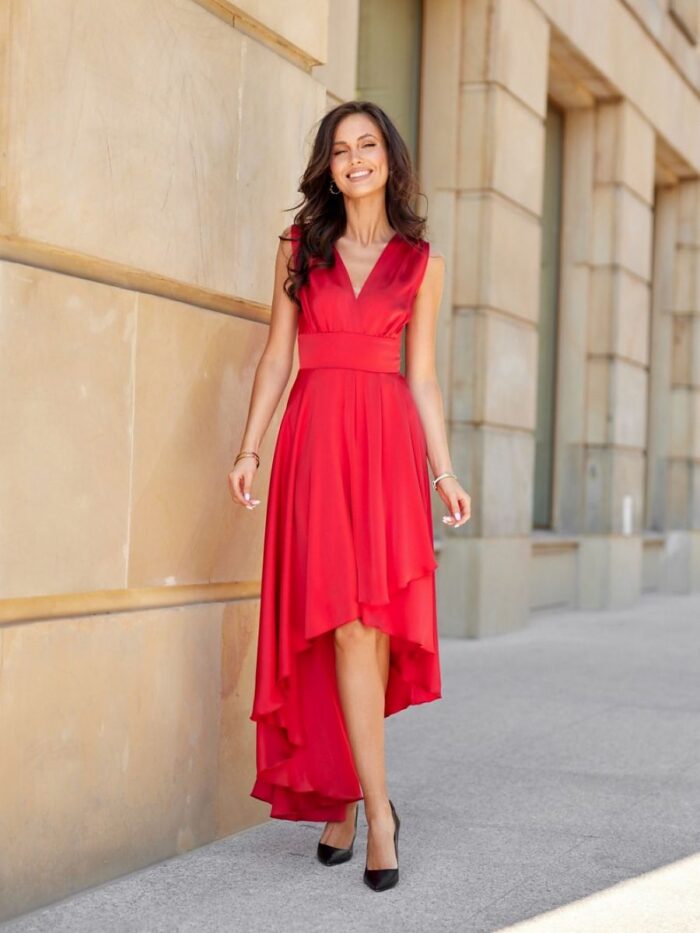 Stunning Shimmering Satin Maxi Dress Asymmetrical Hem Deep Neckline Polish Made (186628) lomora.store