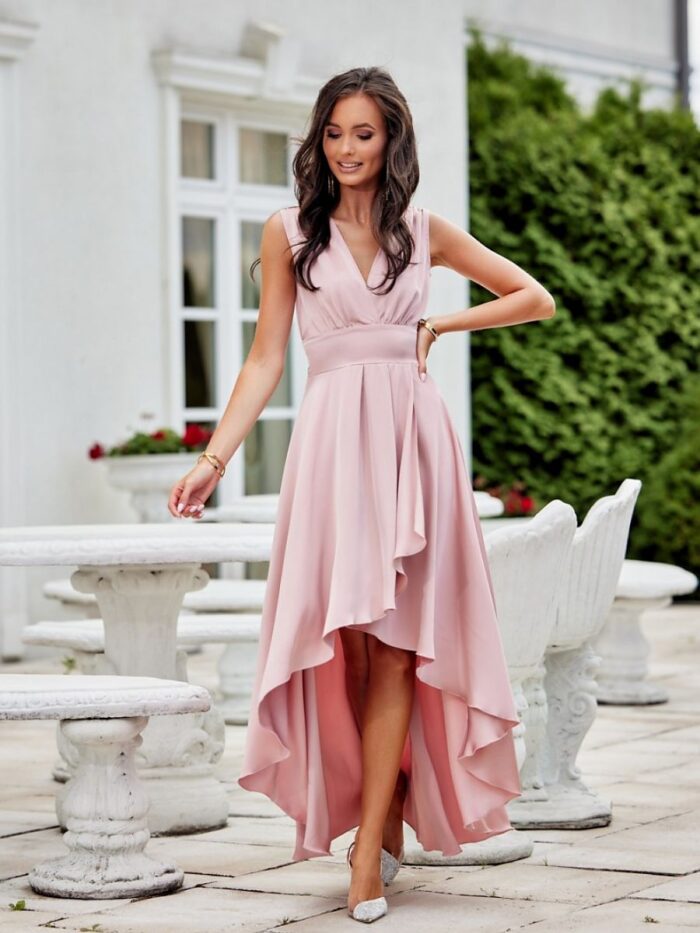 Stunning Satin Maxi Dress Asymmetrical Hem Deep Neckline Polish Made (186629) lomora.store