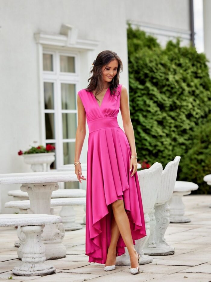 Stunning Satin Maxi Dress Asymmetrical Hem Deep V Neck Polish Made (186633) lomora.store