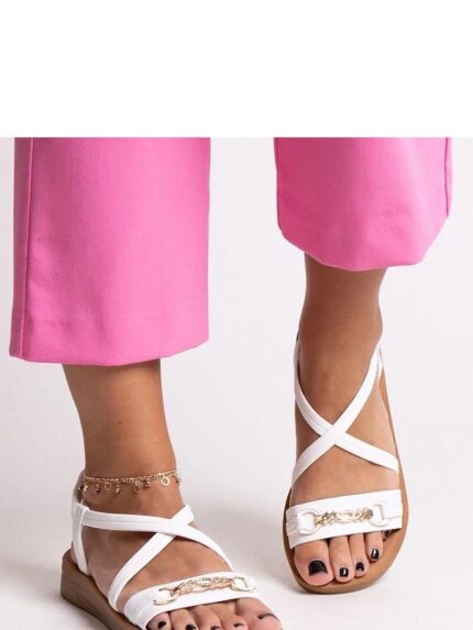 Elegant White Pamphila Sandals Summer Comfort Style Golden Buckle Flat Heel (212794)